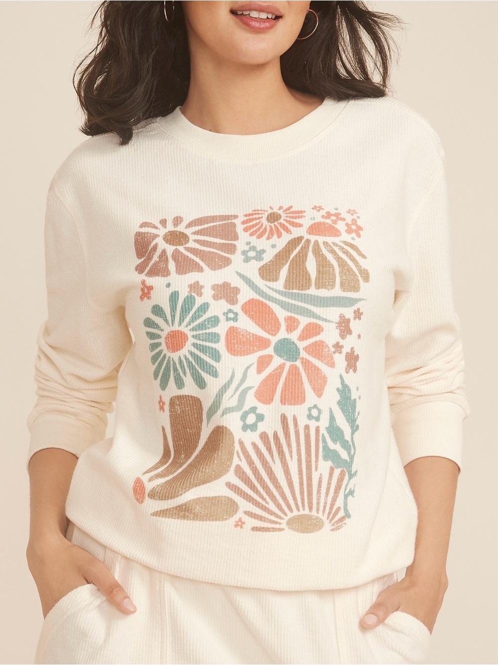 Maurices Corded Multi Floral Sweatshirt White Pullover Crew Neck Large Women’s